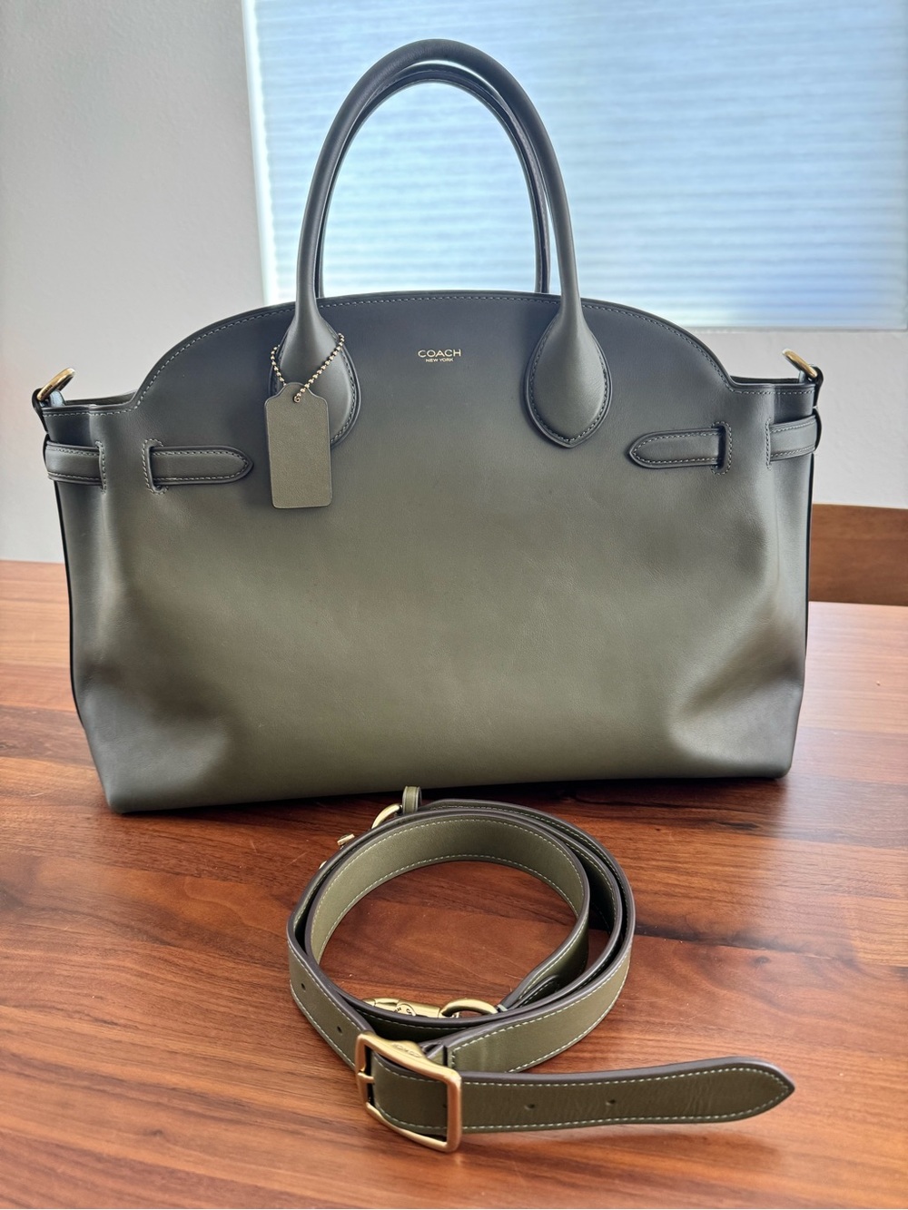 Coach Olive Green Leather Satchel with Gold Hardware and Detachable Strap
